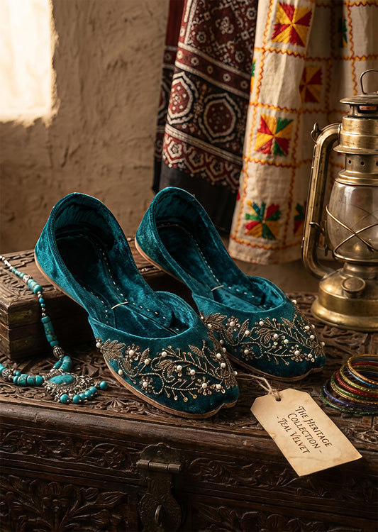 Teal green velvet khussa ALK-44490B