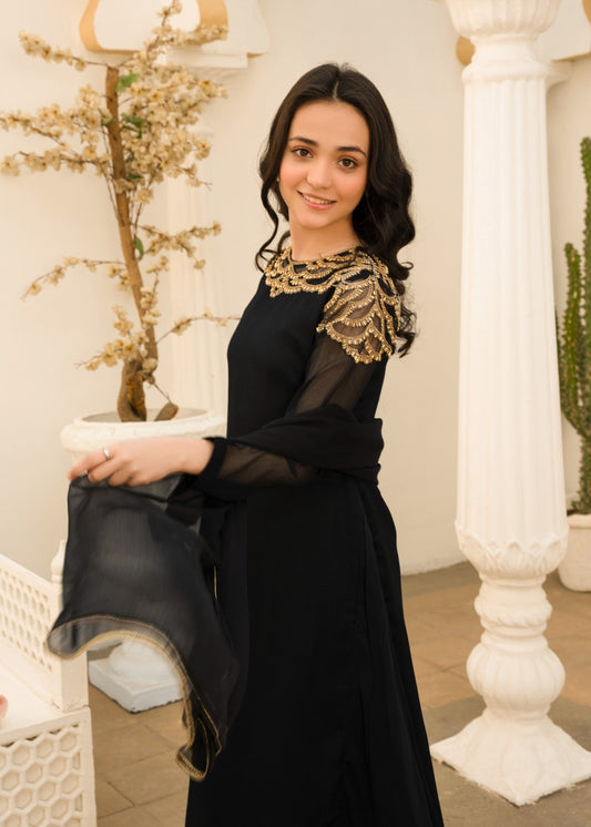 BLACK CHIFFON HAND EMBROIDED MAXI ALT006