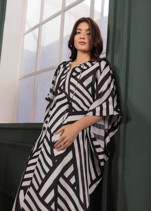 WHITE BLACK PRINTED KAFTAN ALB10