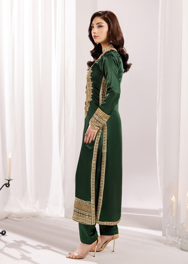 BOTTLE GREEN SILK SUIT ALS13
