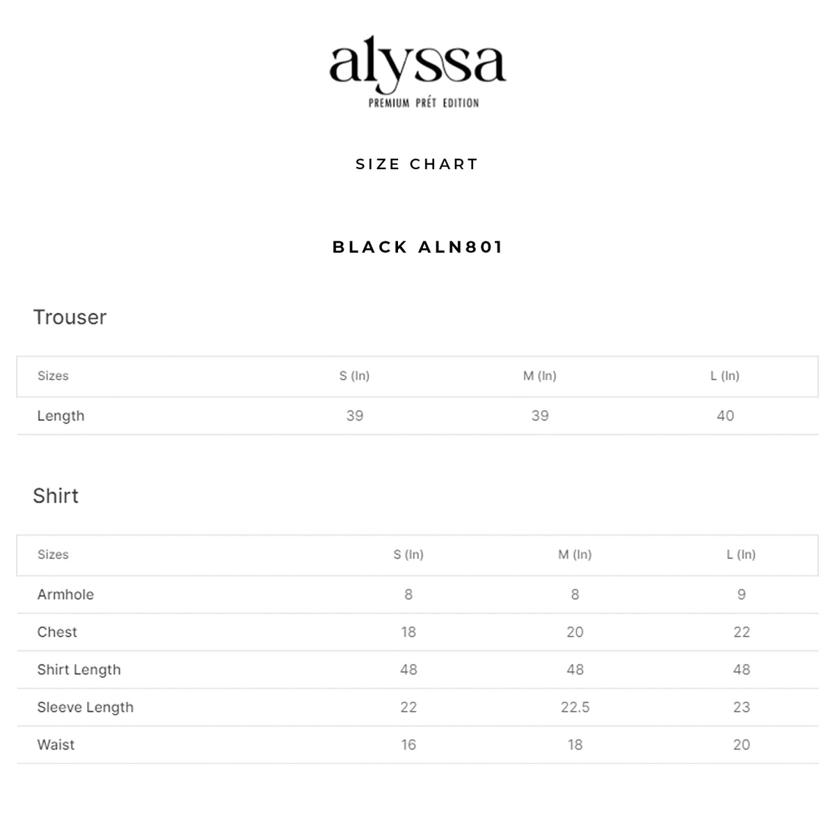 BLACK ALN801 size chart