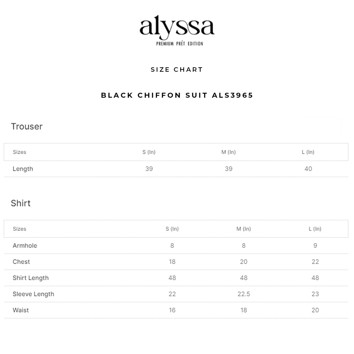 BLACK CHIFFON SUIT ALS3965 size chart