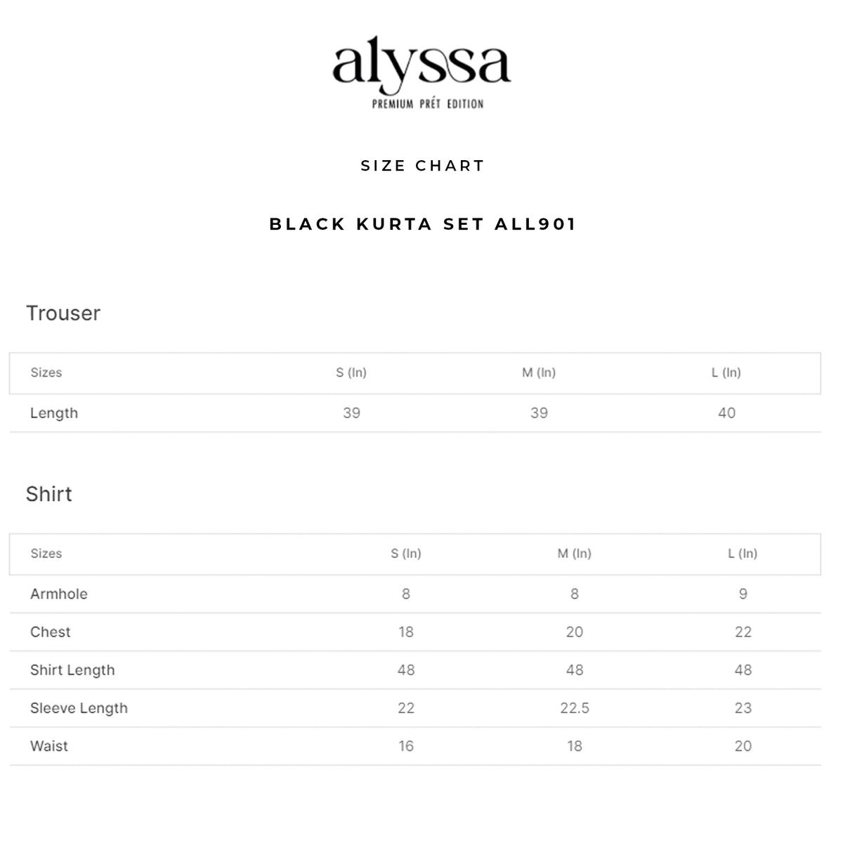 BLACK KURTA SET ALL901 size chart