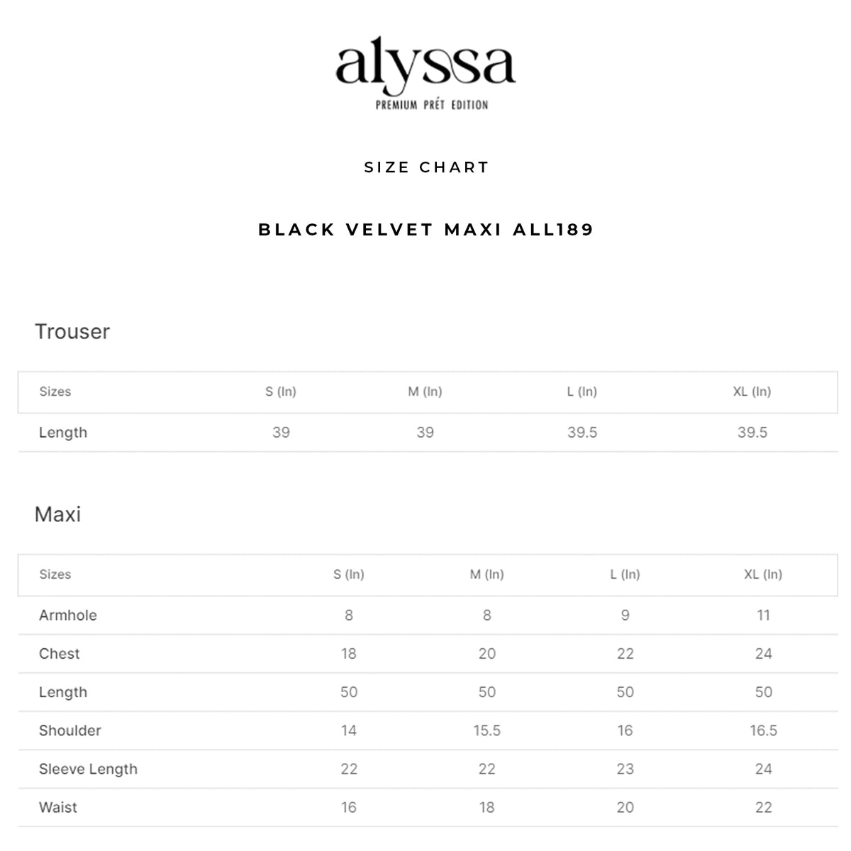 BLACK VELVET MAXI ALL189 size chart