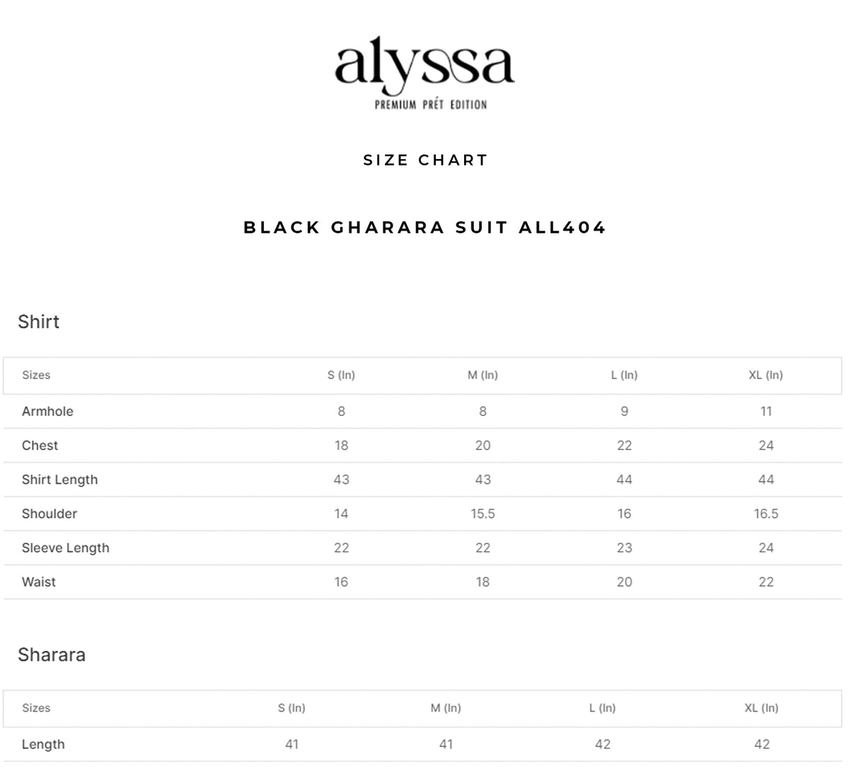 Black gharara suit ALL404 size chart