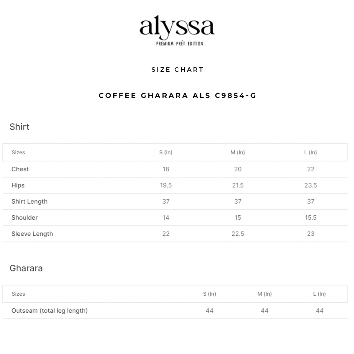 Coffee Gharara ALS C9854-G size chart