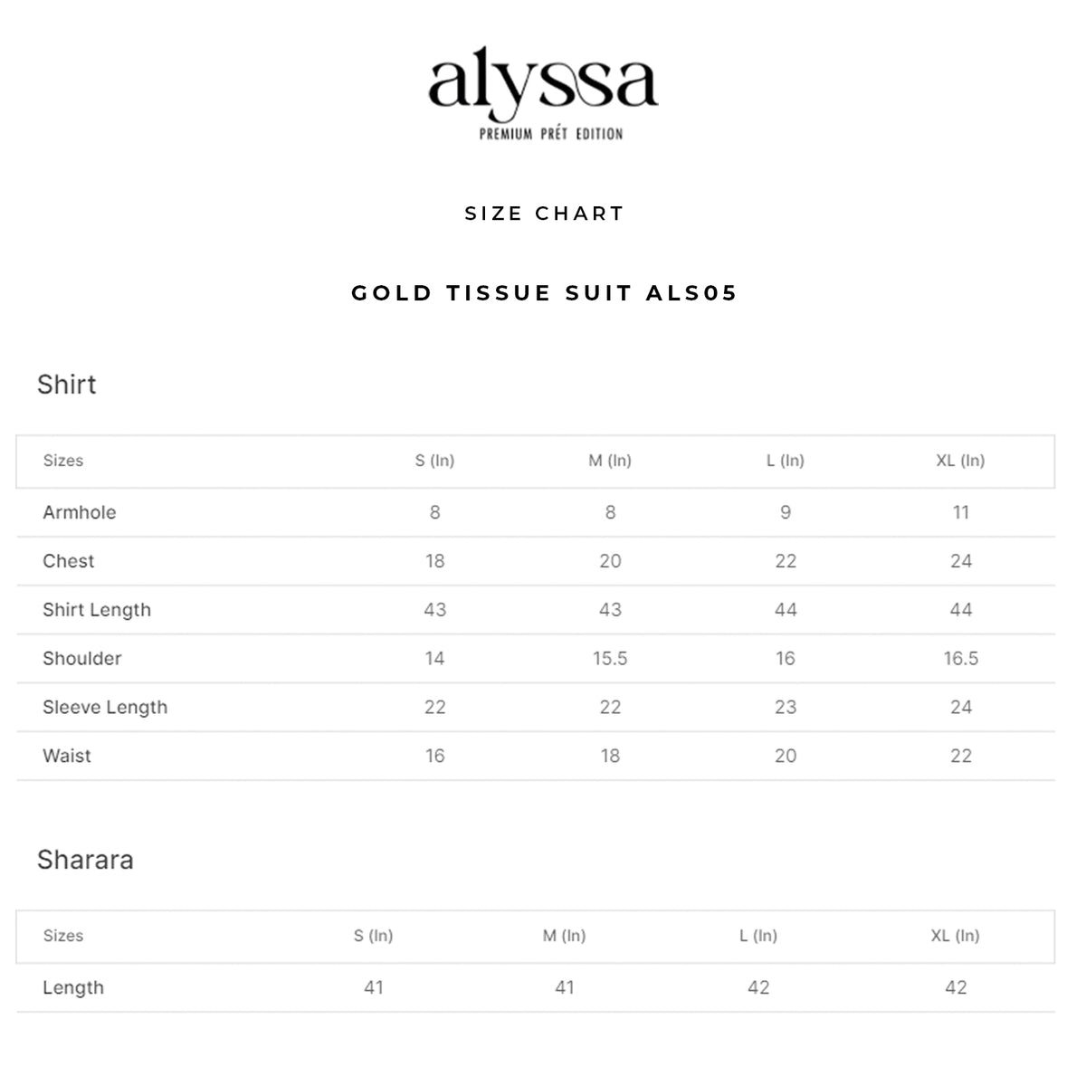 GOLD TISSUE SUIT ALS05 size chart