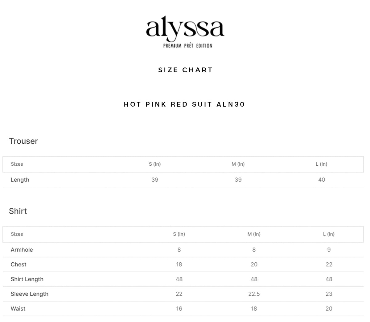 HOT PINK RED SUIT ALN30 size chart