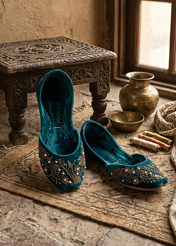 Teal green velvet khussa ALK-44490B