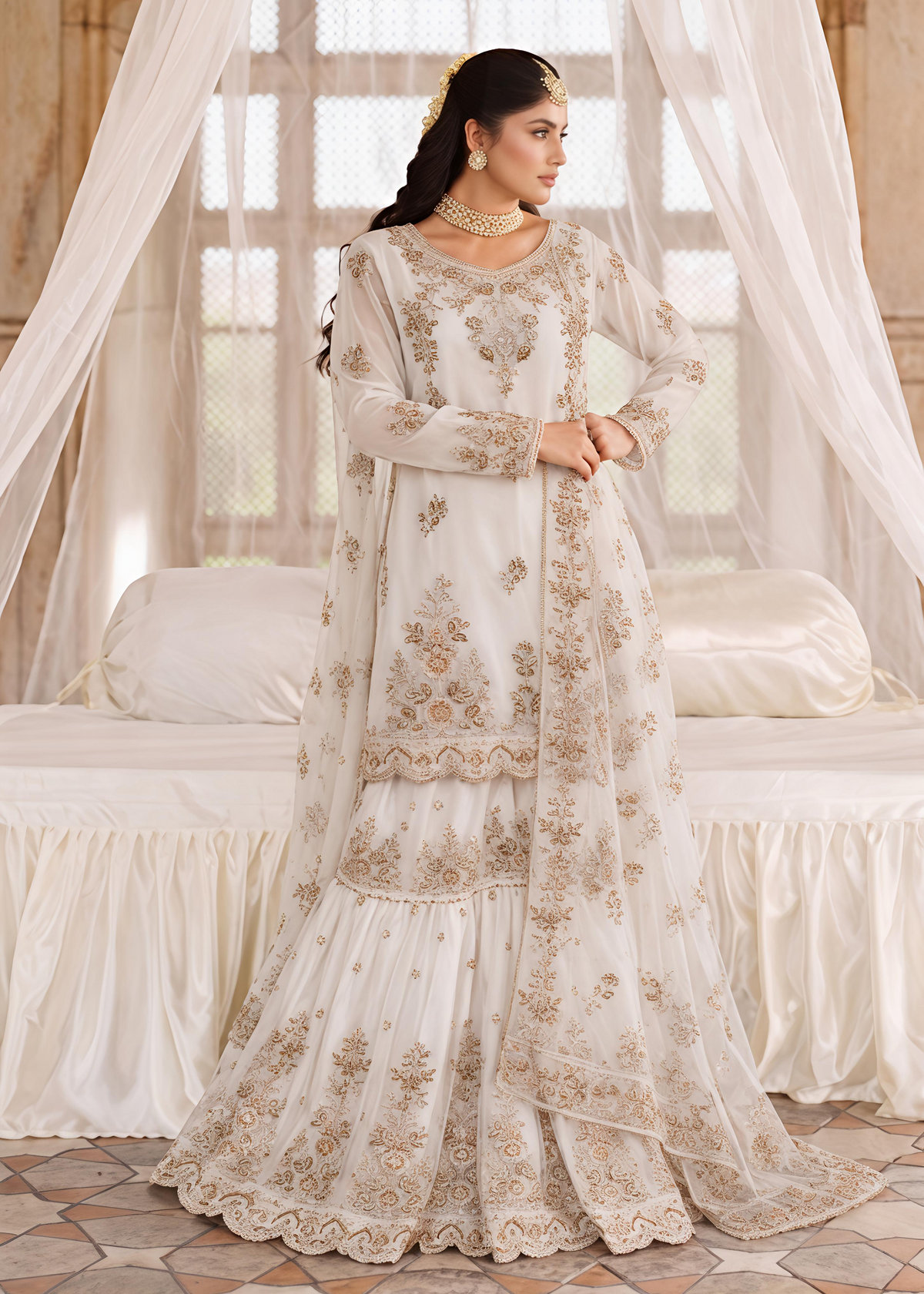 Offwhite net gharara ALS O39852