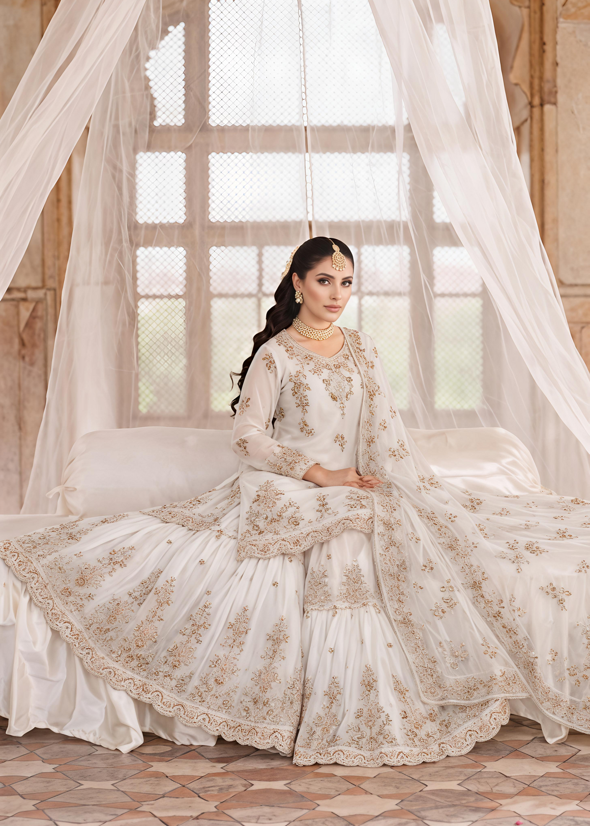 Offwhite net gharara ALS O39852
