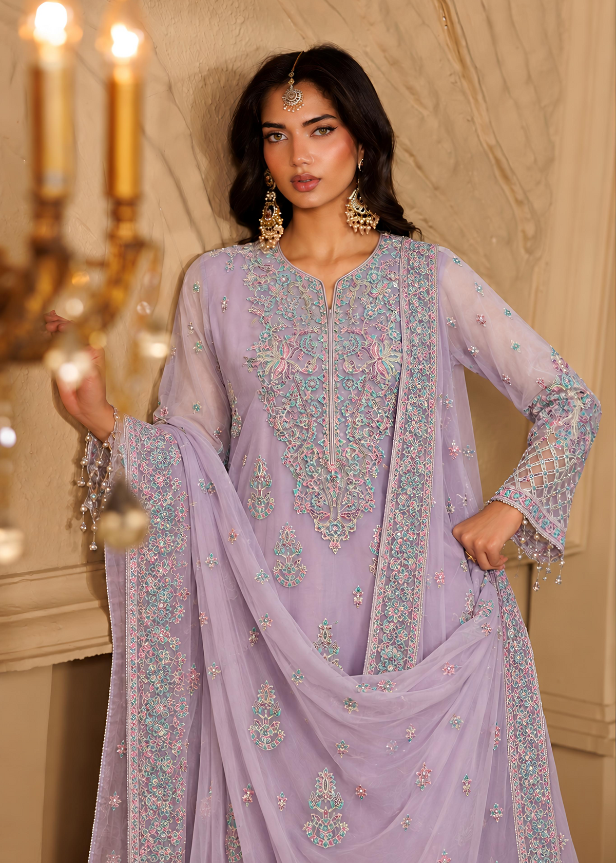 Lilac Embroided Net Suit ALN P251-A