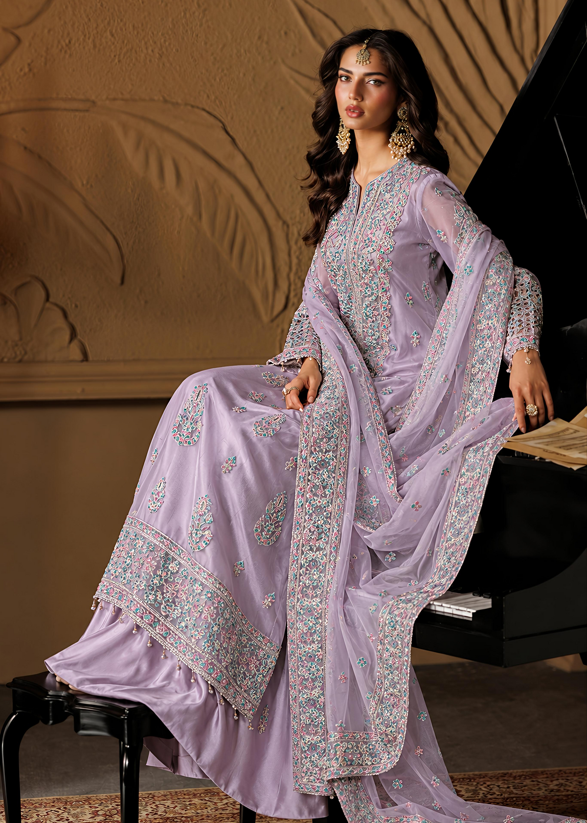 Lilac Embroided Net Suit ALN P251-A