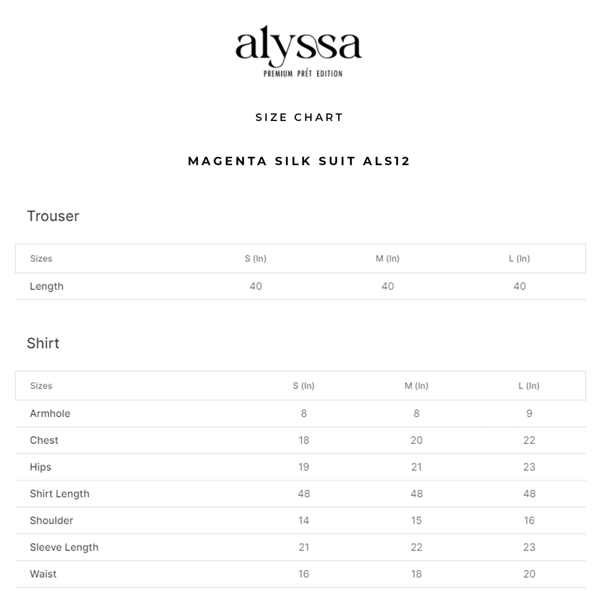 MAGENTA SILK SUIT ALS12 size chart