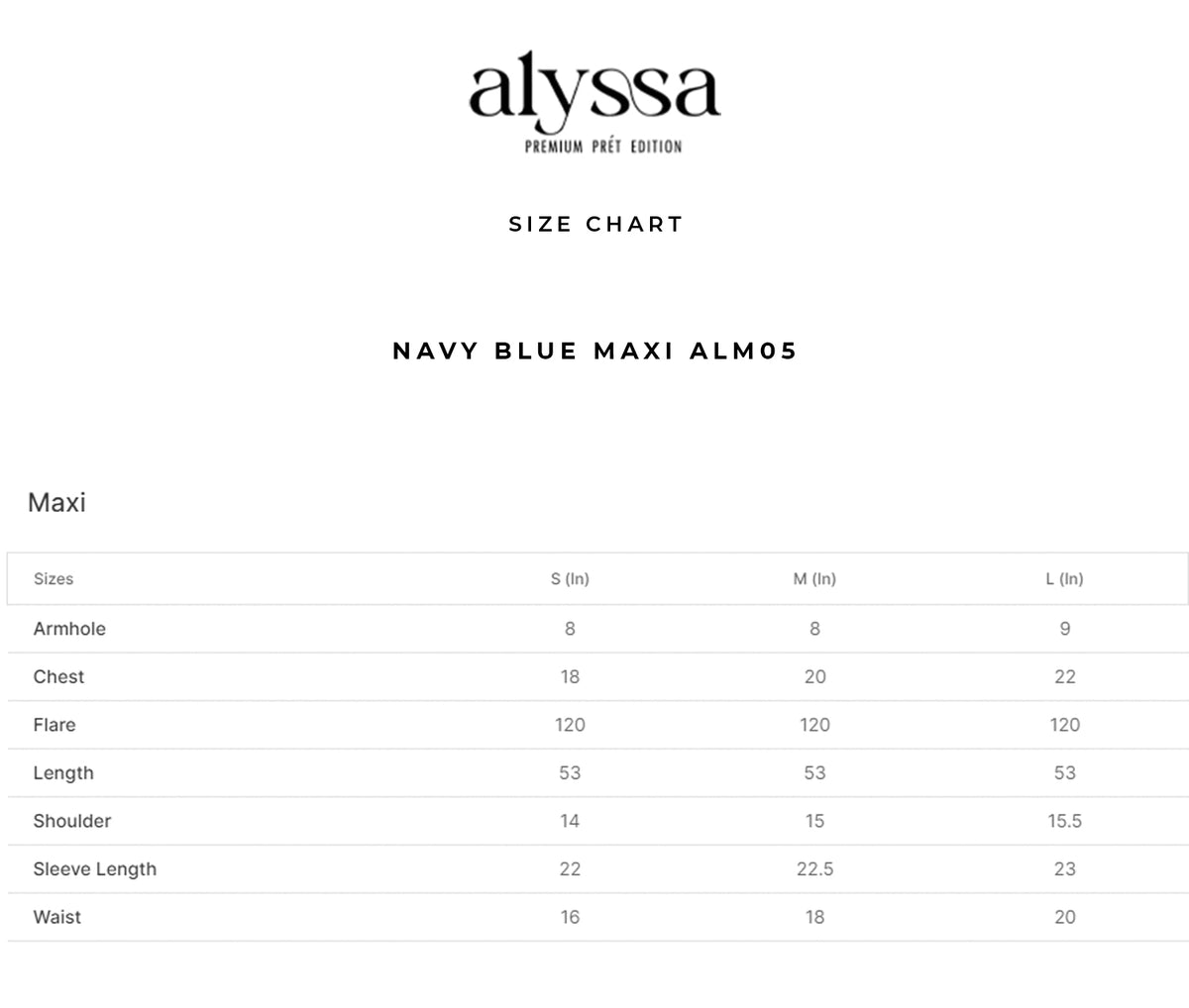 NAVY BLUE MAXI ALM05 size chart