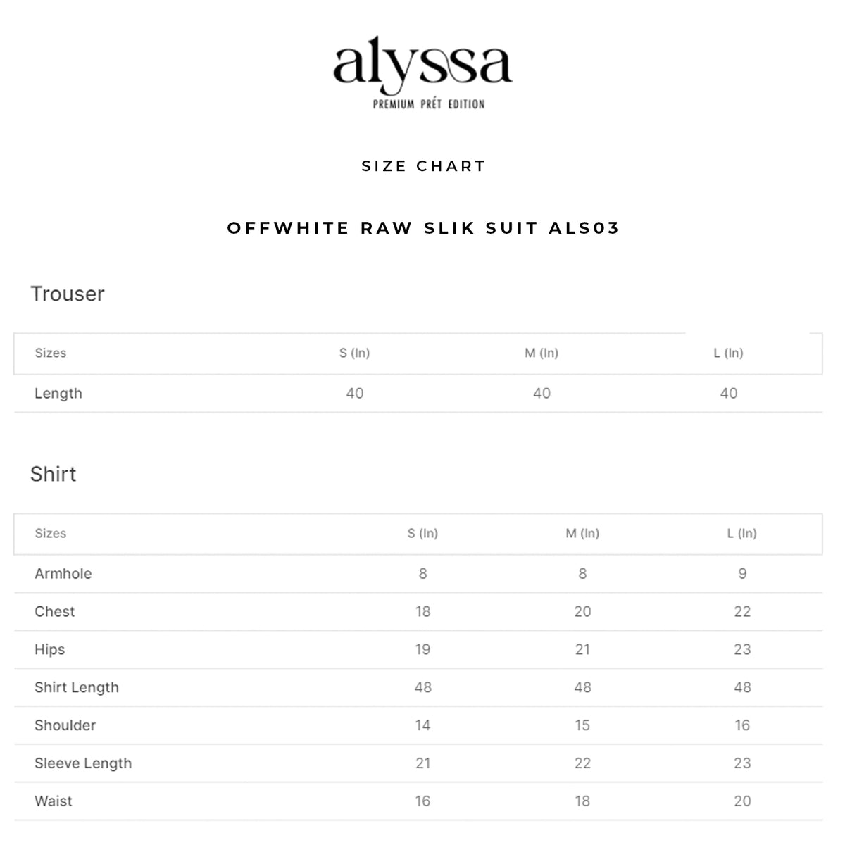 OFFWHITE RAW SLIK SUIT ALS03 size chart