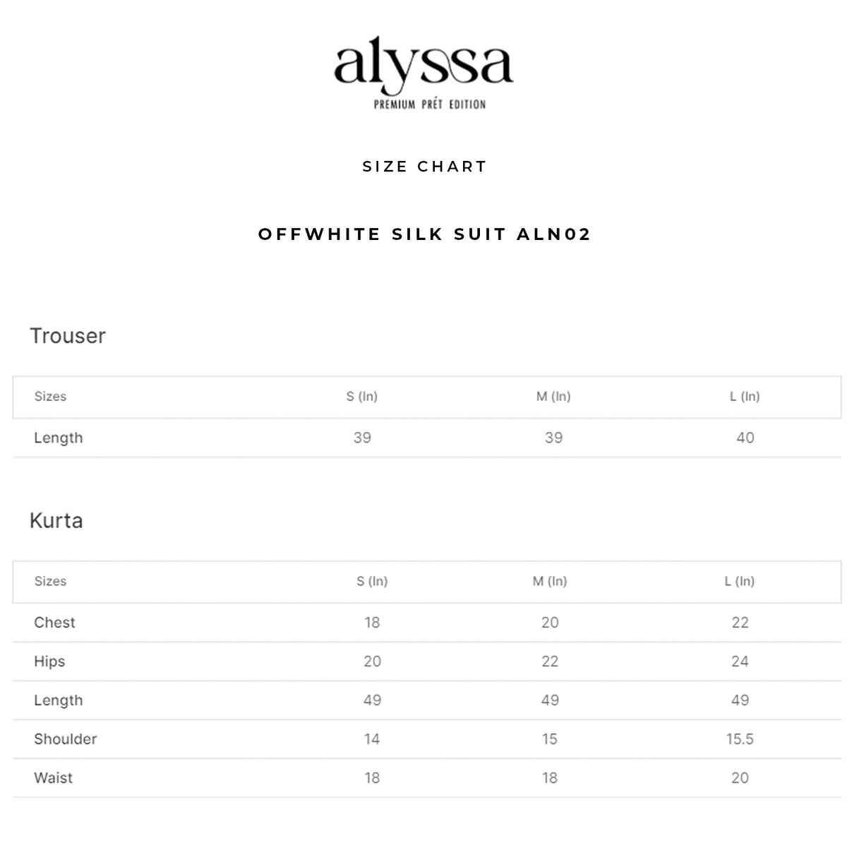 OFFWHITE SILK SUIT ALN02 size chart