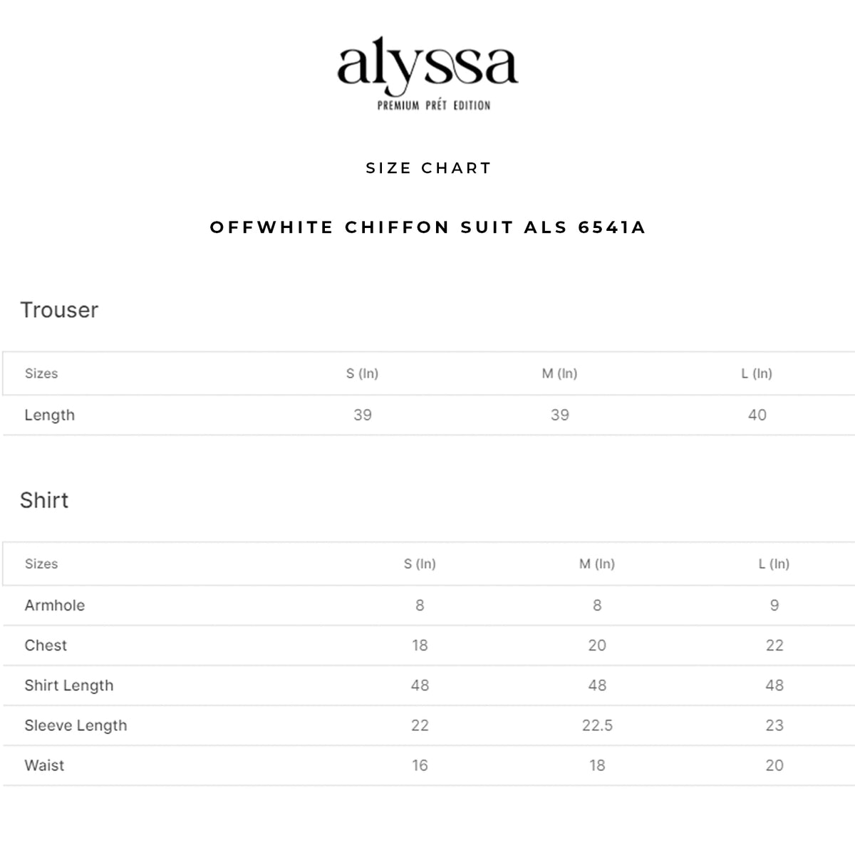 Offwhite chiffon suit ALS 6541A size chart