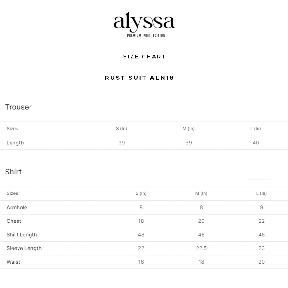 RUST SUIT ALN18 size chart