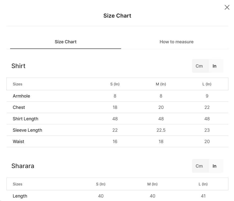 Offwhite net gharara ALS O39852 size chart