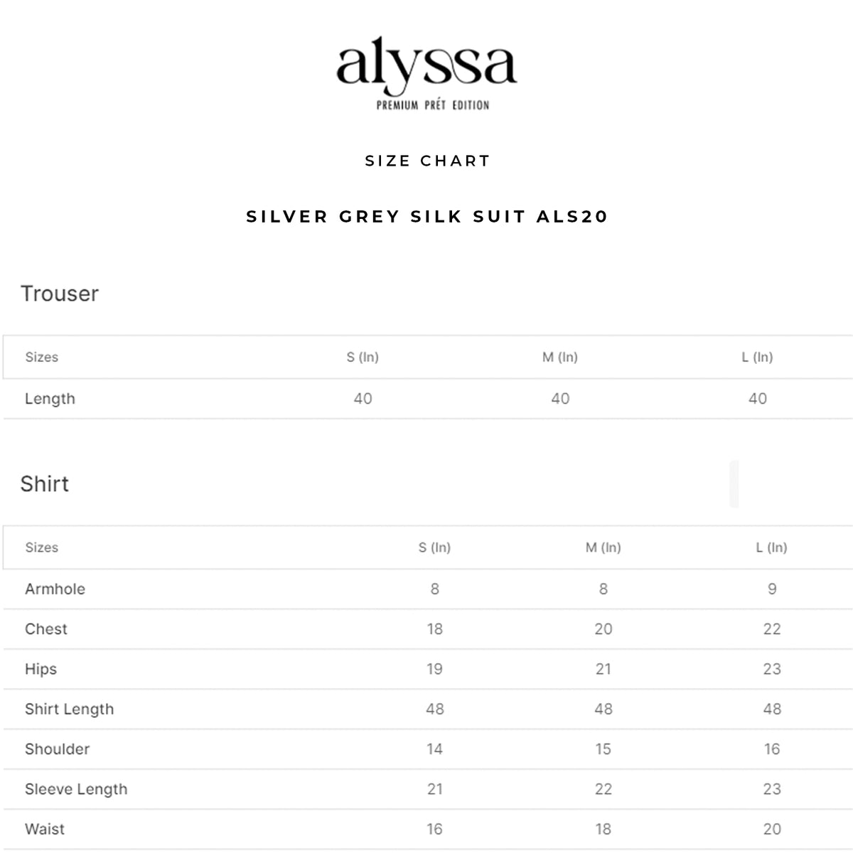 SILVER GREY SILK SUIT ALS20 size chart