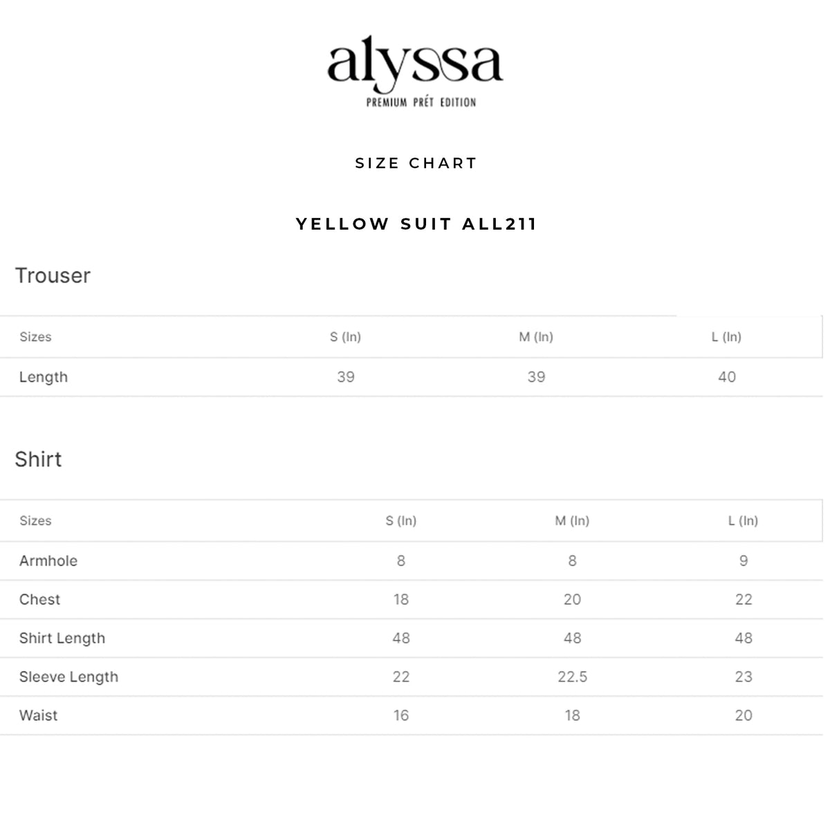 YELLOW SUIT ALL211 size chart