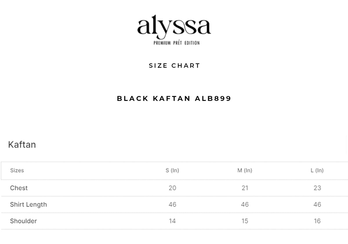 black kaftan alb899 size chart
