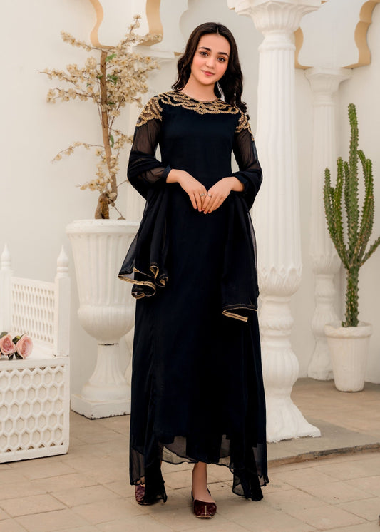 BLACK CHIFFON HAND EMBROIDED MAXI ALT006