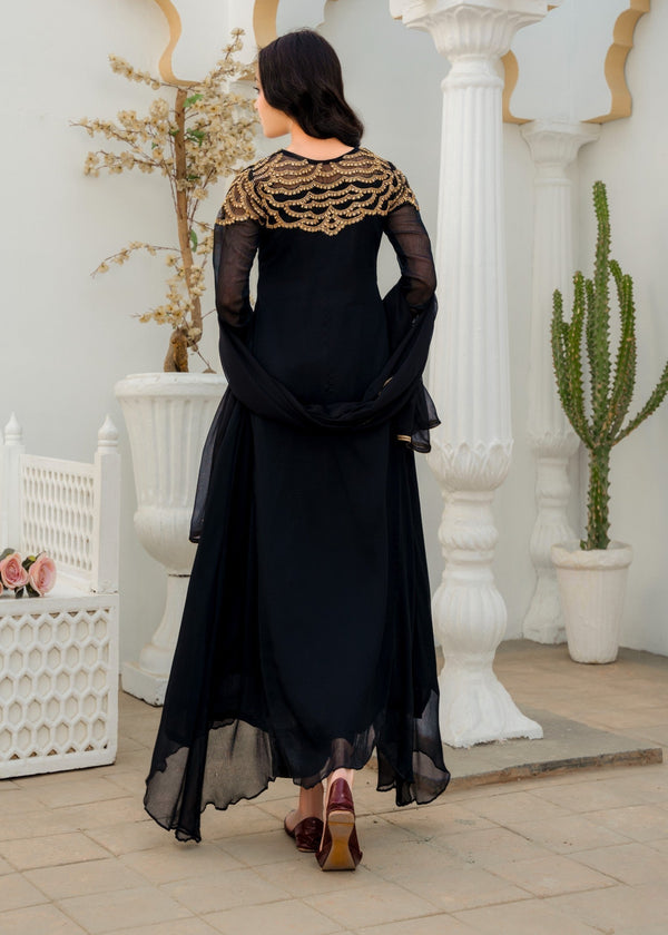 BLACK CHIFFON HAND EMBROIDED MAXI ALT006