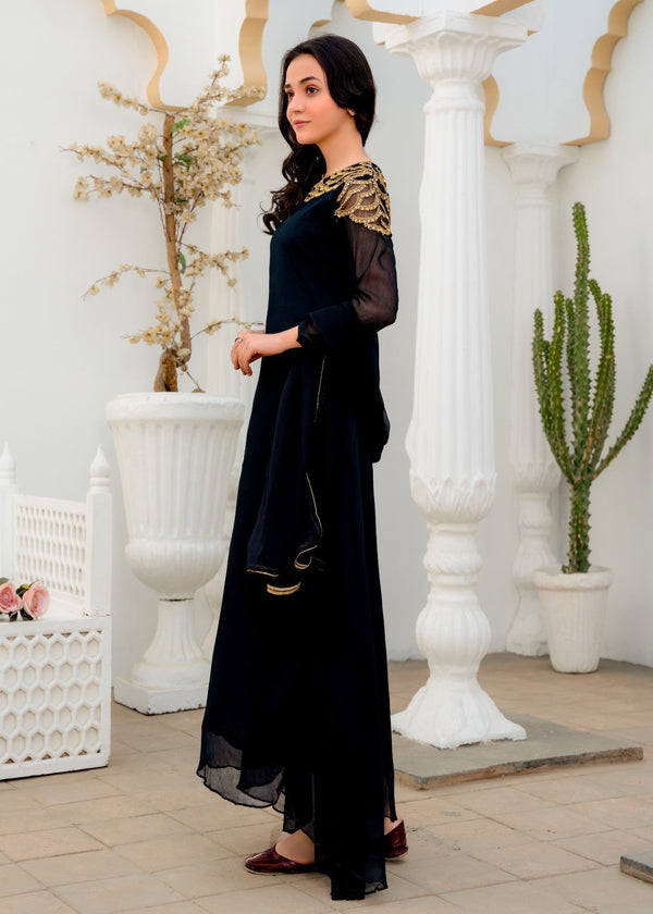 BLACK CHIFFON HAND EMBROIDED MAXI ALT006