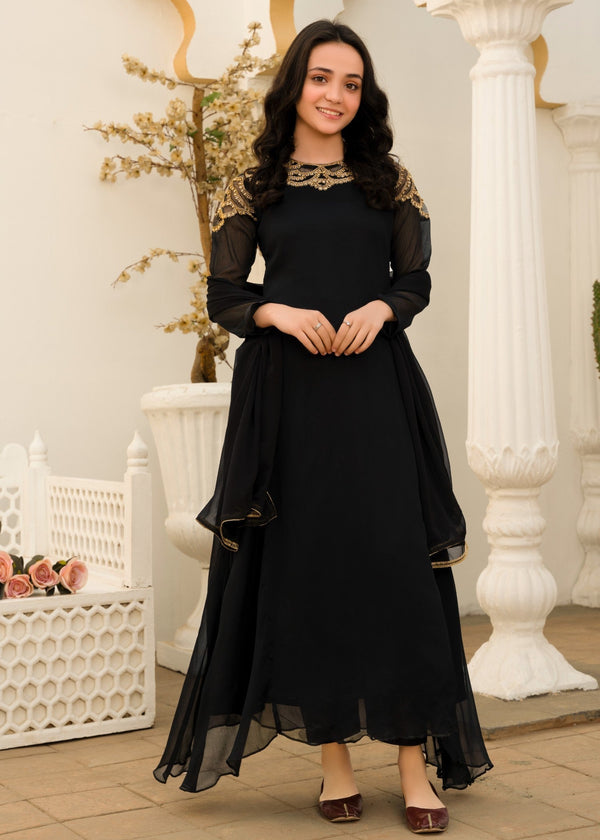 BLACK CHIFFON HAND EMBROIDED MAXI ALT006