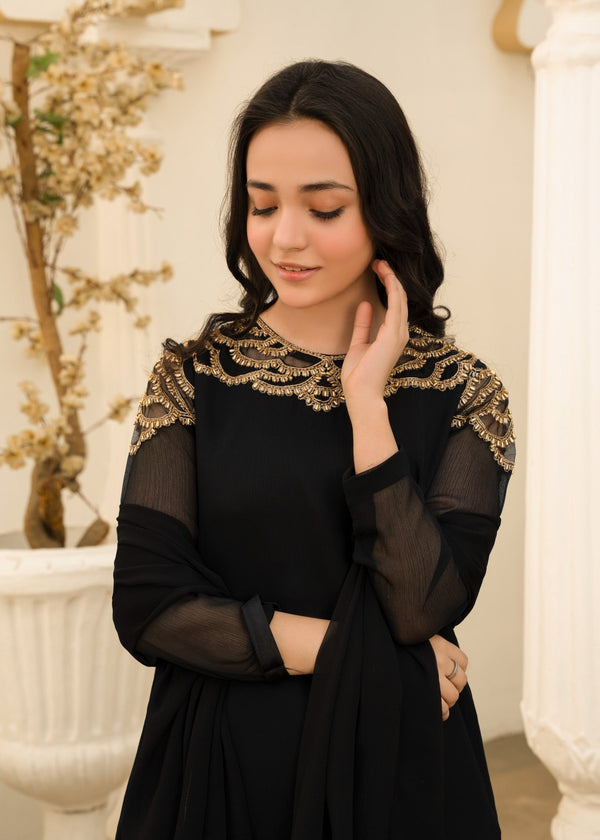 BLACK CHIFFON HAND EMBROIDED MAXI ALT006