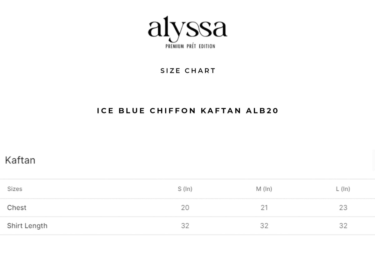 ice blue chiffon kaftan ALB20 size chart