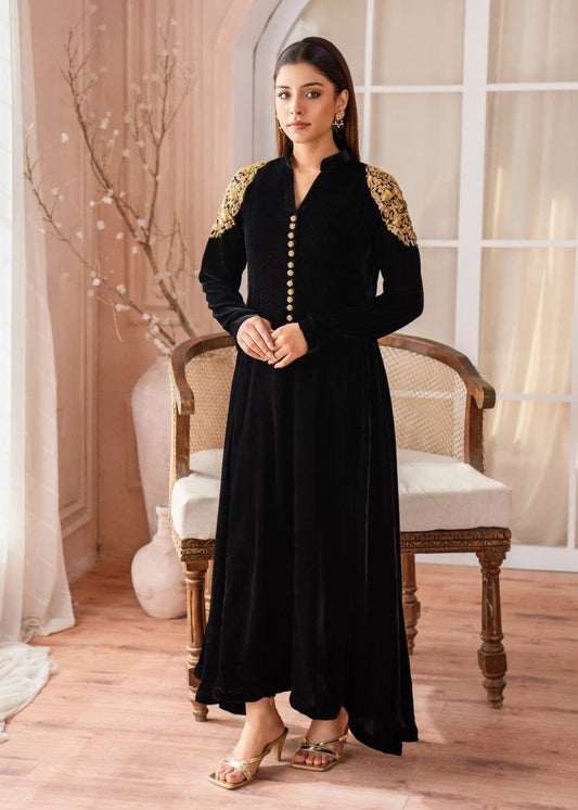 BLACK VELVET MAXI WITH HAND EMBROIDERY ALL107