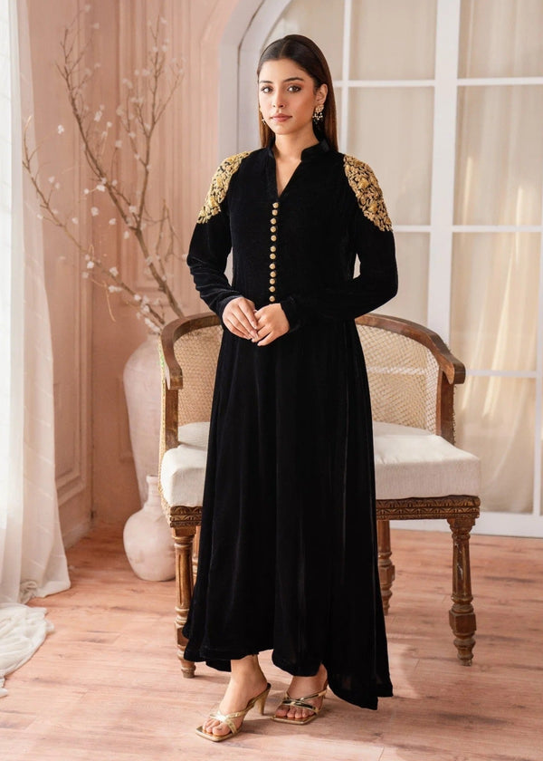 BLACK VELVET MAXI WITH HAND EMBROIDERY ALL107