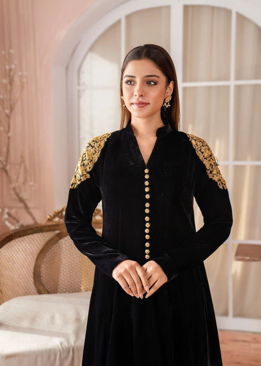 BLACK VELVET MAXI WITH HAND EMBROIDERY ALL107