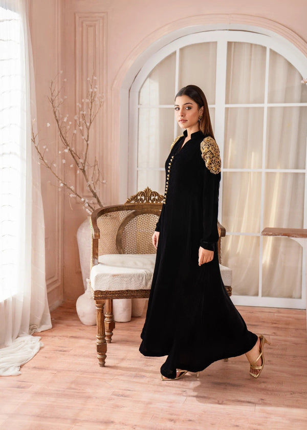 BLACK VELVET MAXI WITH HAND EMBROIDERY ALL107