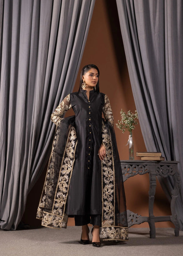 ALL013-B BLACK RAW SILK PISHWAS SET