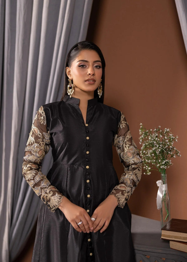 ALL013-B BLACK RAW SILK PISHWAS SET