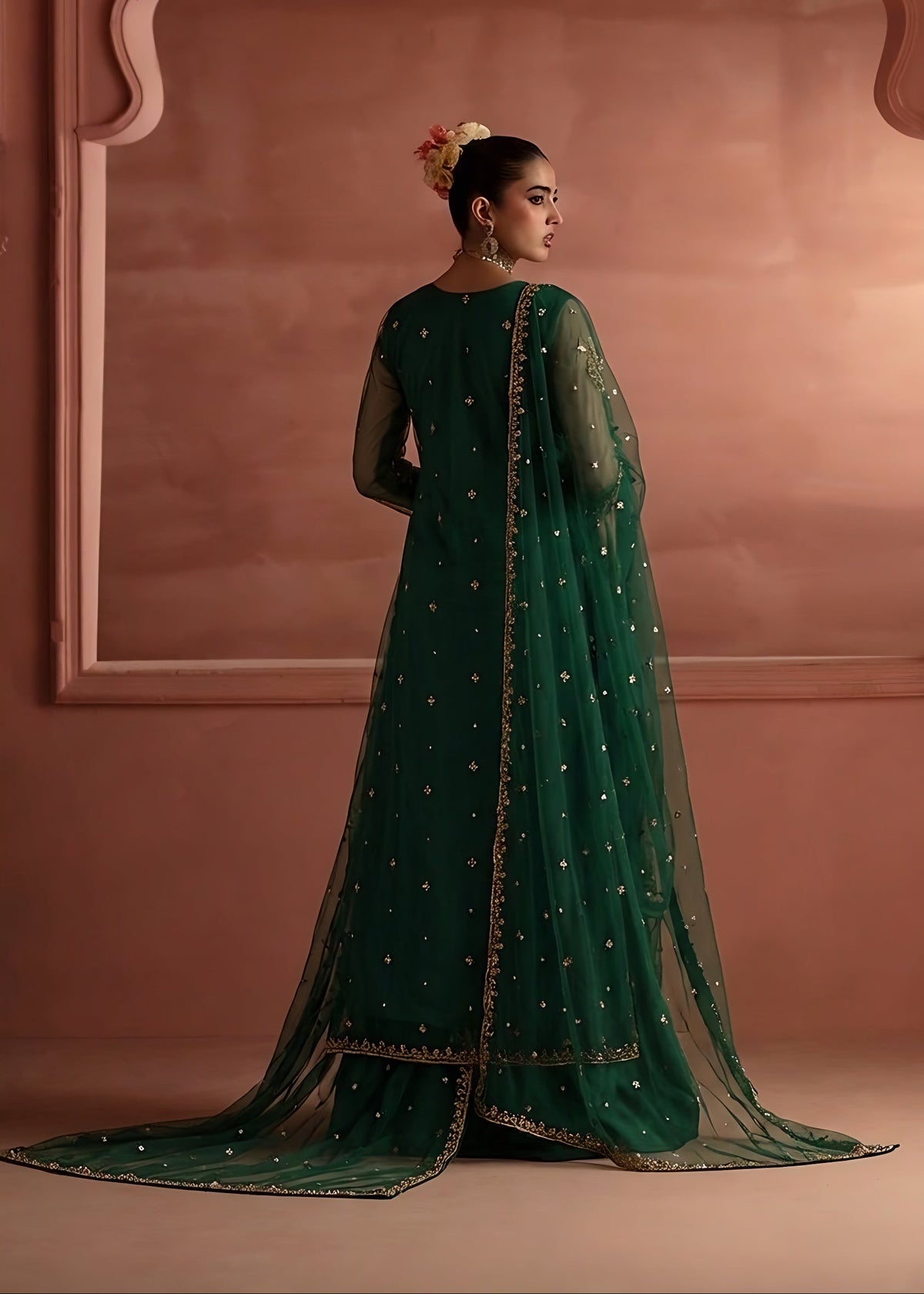 Bottle green net sharara ALN-001