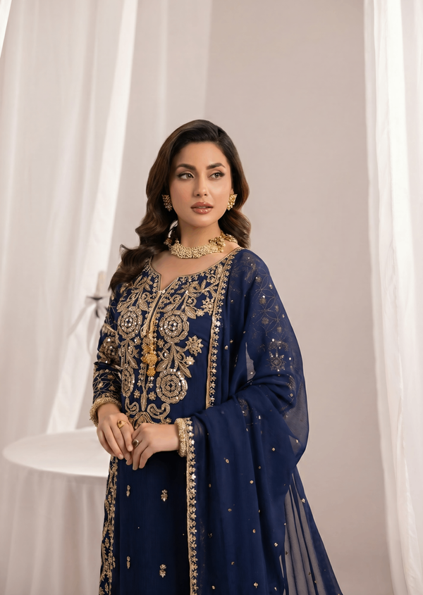Navy Blue Chiffon suit ALL906-N