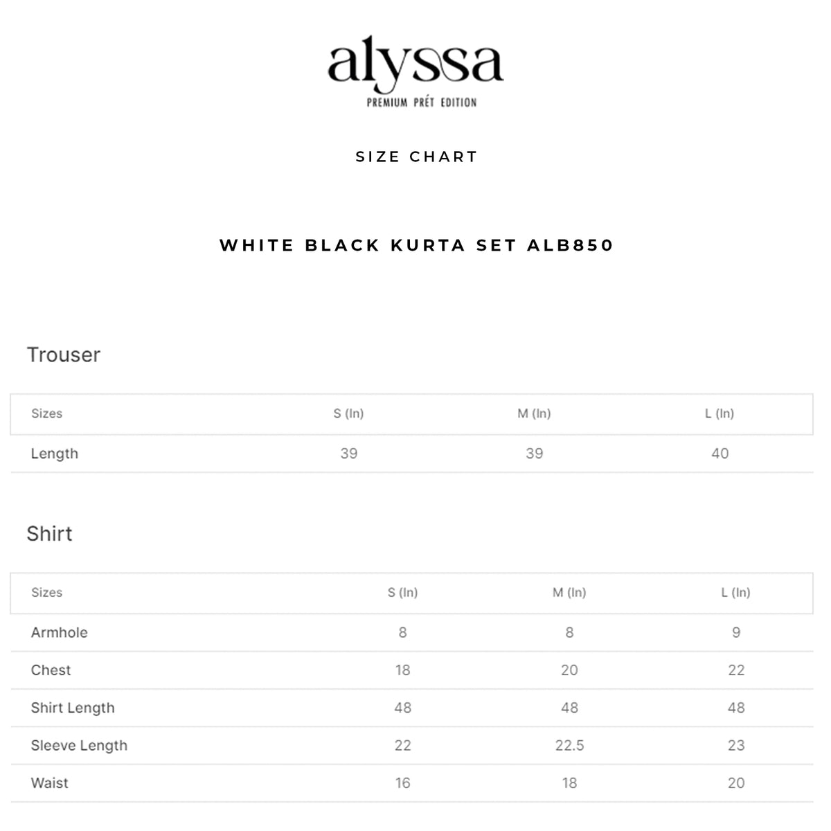 white black kurta set alb850 size chart